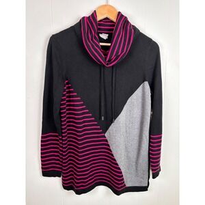 Chico's Zenergy Drawstring Cowl Neck Striped Pullover Sweater Black Pink Gray M